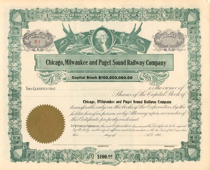 Chicago, Milwaukee and Puget Sound Railway Co. - Unissued Stock Certificate